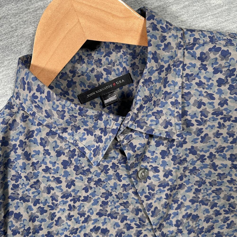 John Varvatos USA Shirt Mens S Blue Floral Cotton Short Sleeve Button-Up Casual